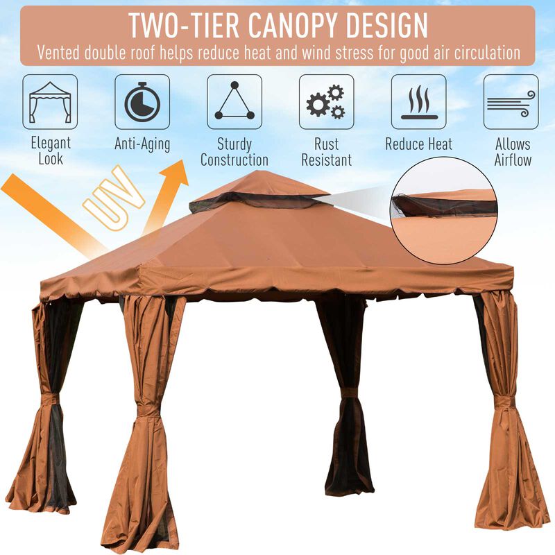 10' x 10' Patio Gazebo Outdoor Canopy Shelter with Double Vented Roof, Netting and Curtains for Garden, Lawn, Backyard and Deck, Brown