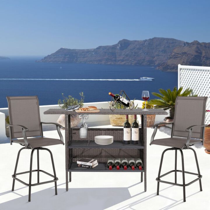 Hivago Outdoor Wicker Bar Table with 2 Metal Mesh Shelves