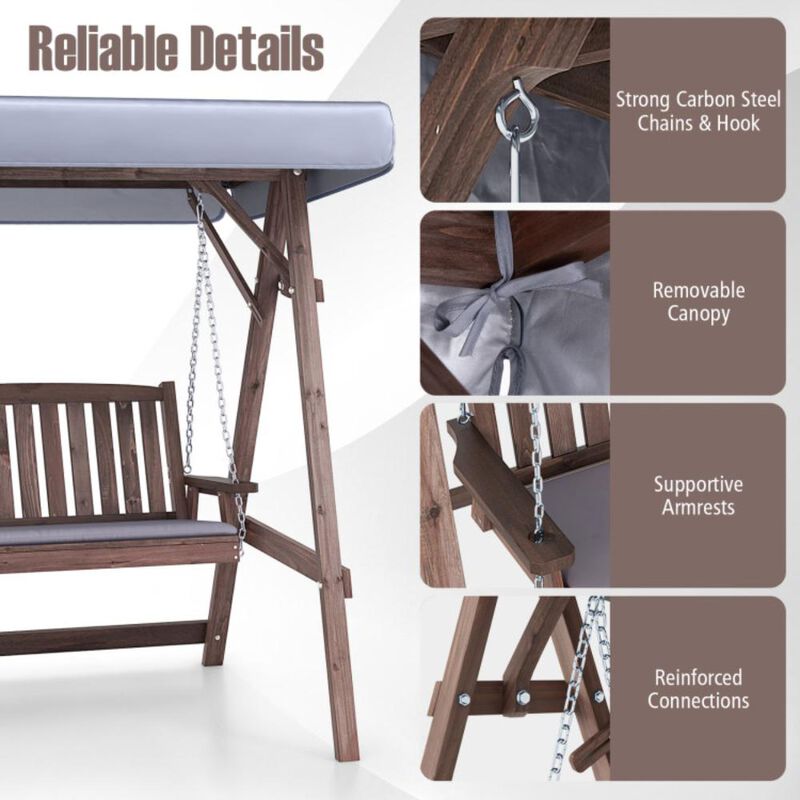 Hivvago 2-Person Porch Swing with Fir Wood Stand and Tilt Canopy