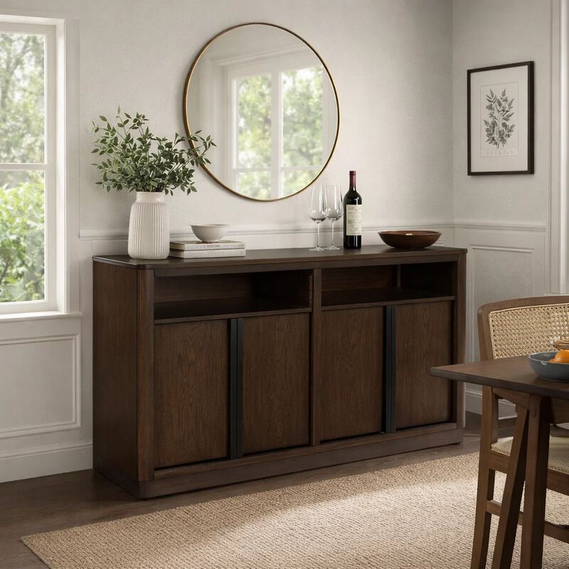 Dely Buffet Server, 4 Cabinet Doors w 2 Open Shelves, Dark Brown 60 Inch image number 6