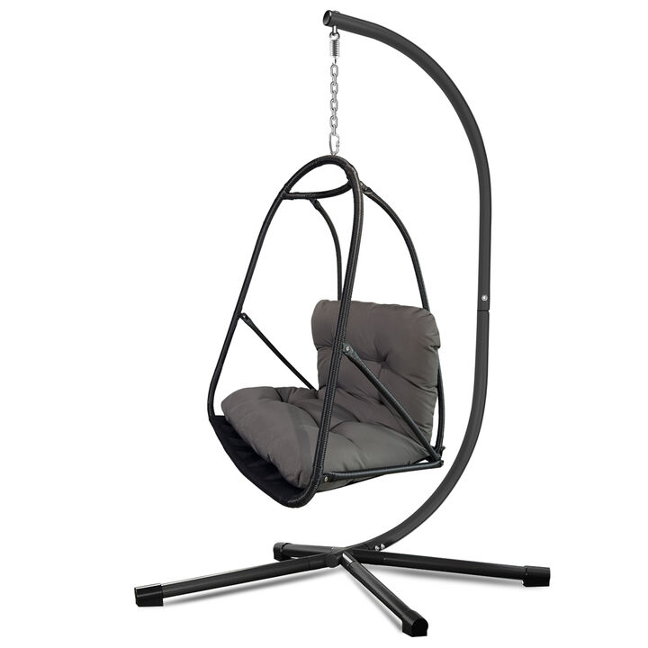 WOW PIONEER Swing Egg Chair with Stand - Indoor Outdoor Wicker Rattan Patio Basket Hanging Chair, Foldable Design with Cushion Pillow and Built-in Cup Holder, 350lb Capacity
