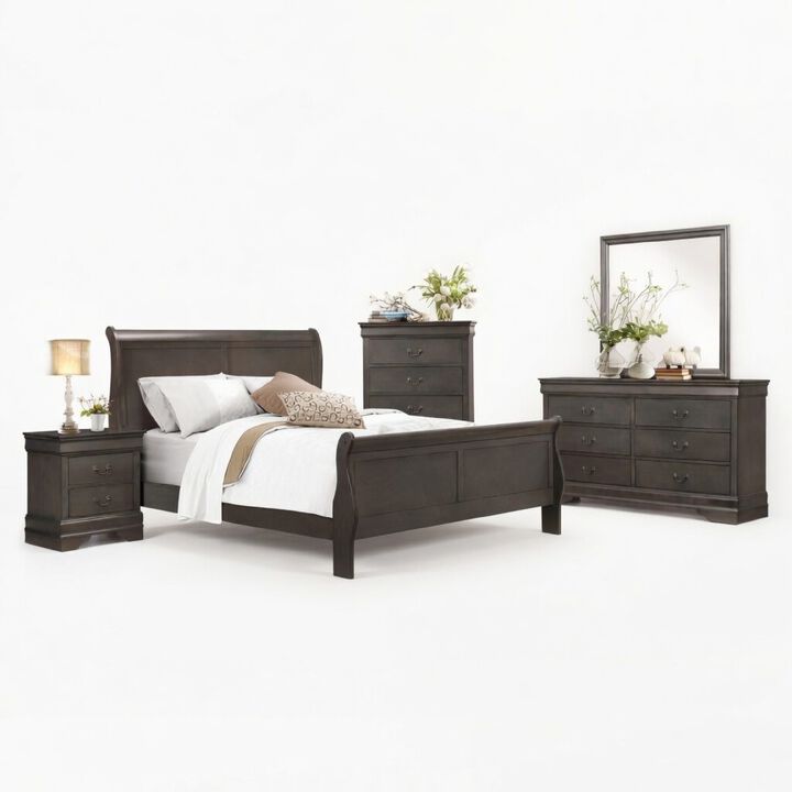 Full Size Bedroom Set, Gray Finish, 5-Piece Set with Bed, Dresser, Mirror, Chest and Nightstand