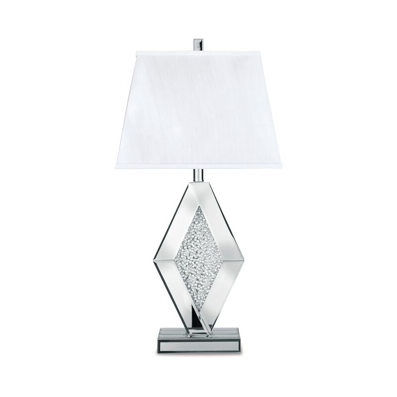 30 Inch Table Lamp, Mirrored Crystal Accent Geometric Base, Chrome, White - Benzara
