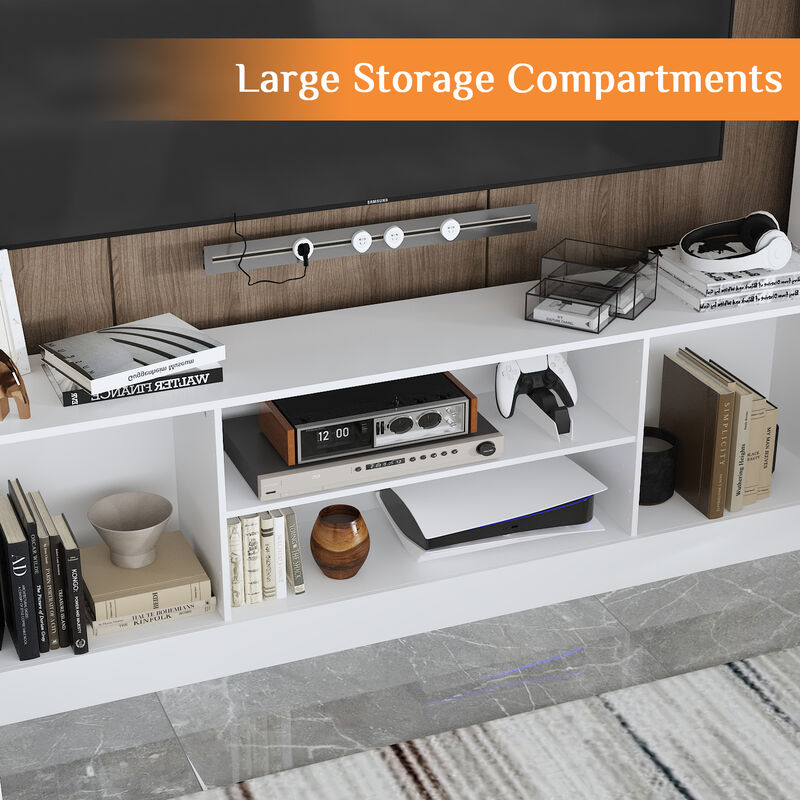 4-Piece White Wood Entertainment Center TV Console with Door Cabinets, Bookshelves, LED Lights for TVs up to 65 in.