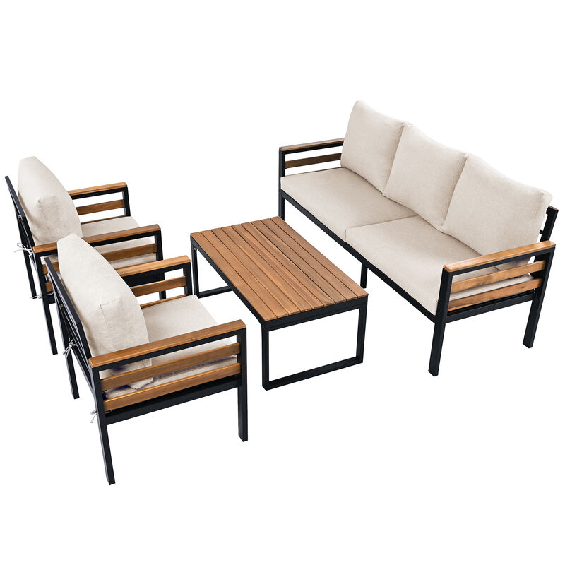 Whisen 4-Piece Outdoor Furniture Sofa Set, Patio Conversation Set with Removable Cushion and Solid Wood Coffee Table image number 9
