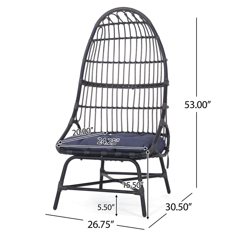 Elena Outdoor Chair, Basket Shape, Gray Fabric, Black PE Rattan, Iron - Benzara