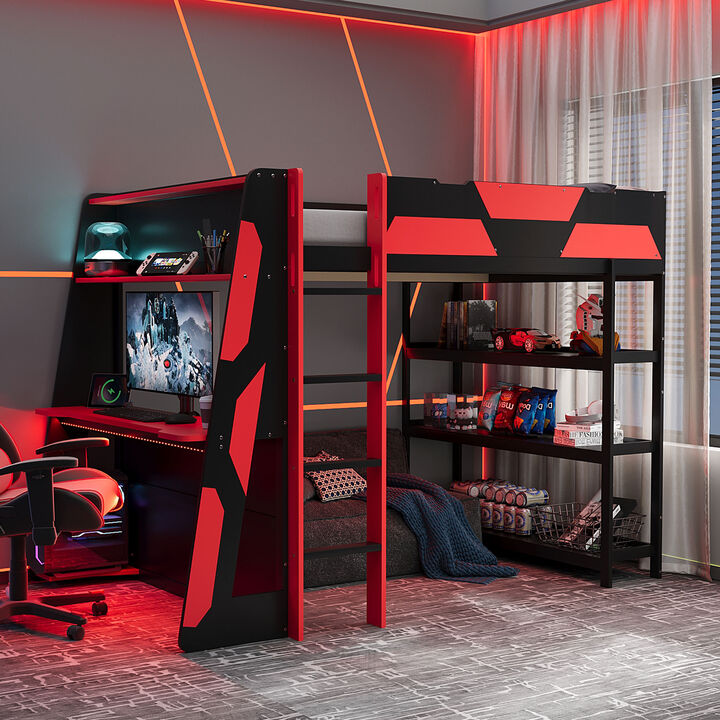 Merax Full Size Gaming Loft Bed with Side Desk & Storage Shelves