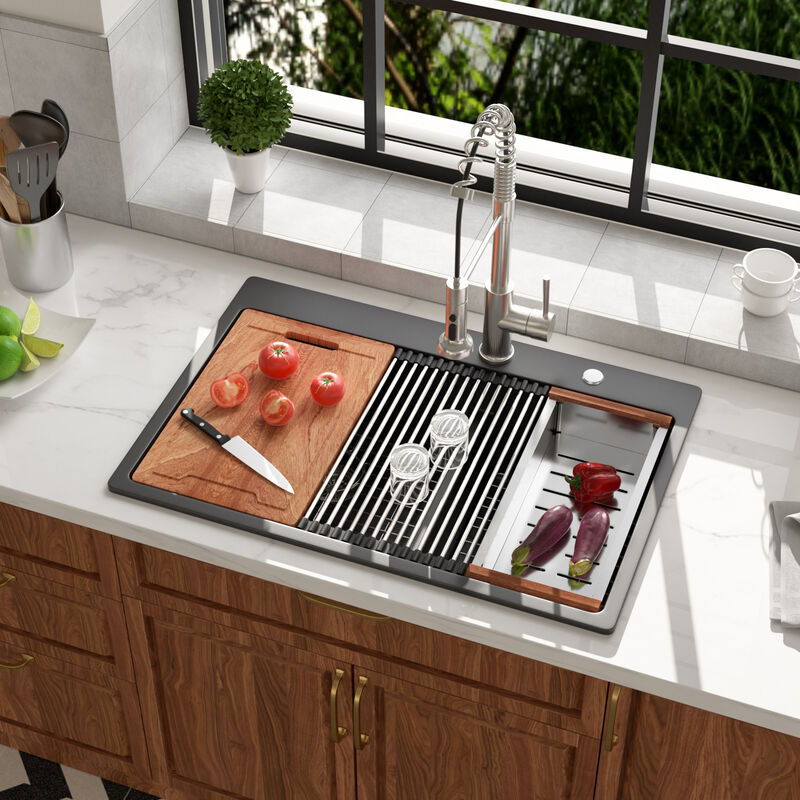 33x22x10 Inch Black Granite Composite Workstation kitchen Sink Low Divide 60/40 Double Bowl Quartz Drop In Kitchen Sink