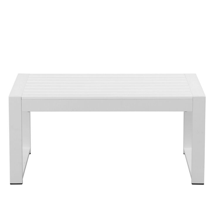 Lark 35 Inch Outdoor Coffee Table, White Aluminum Frame, Polyresin Top-Benzara
