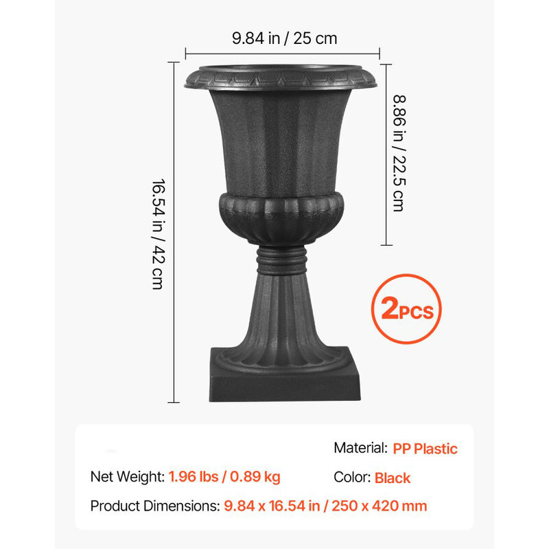 Classic Black Urn Flower Planters Set of 2 for Front Porch, Garden, Wedding & Home Decor image number 2