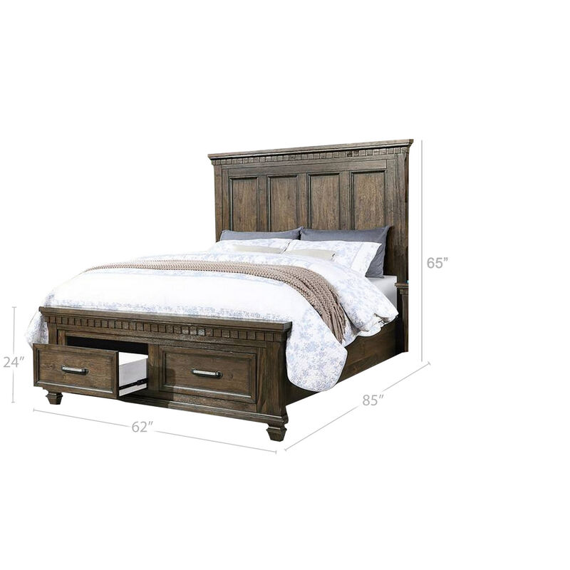 Ziv Classic Wood Queen Size Bed with Storage Drawers, Metal Handles, Brown - Benzara