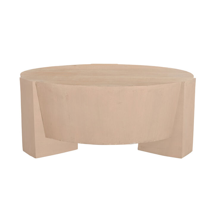 Joana Coffee Table, 35 Inch Round Drum Shape with 3 Legs, Sandblasted Natural Brown Mango Wood
