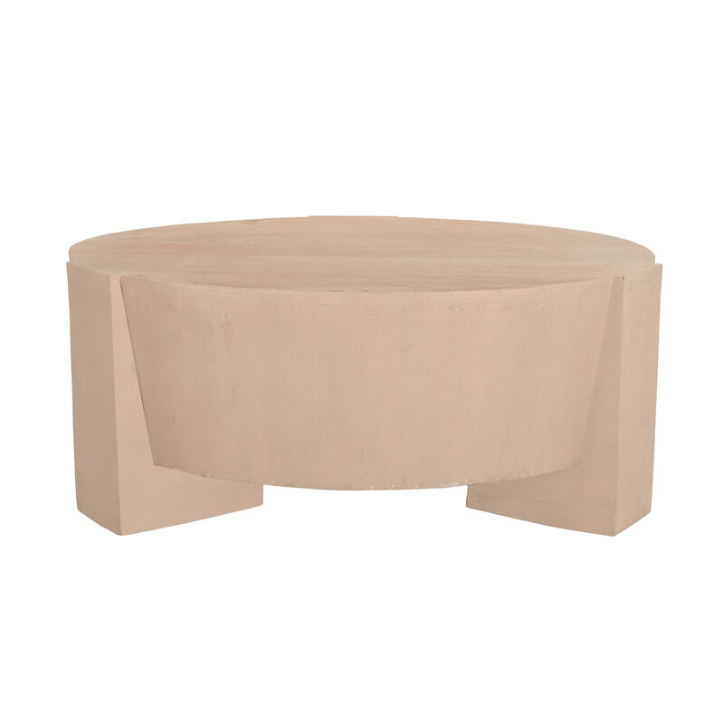 Joana Coffee Table, 35 Inch Round Drum Shape with 3 Legs, Sandblasted Natural Brown Mango Wood