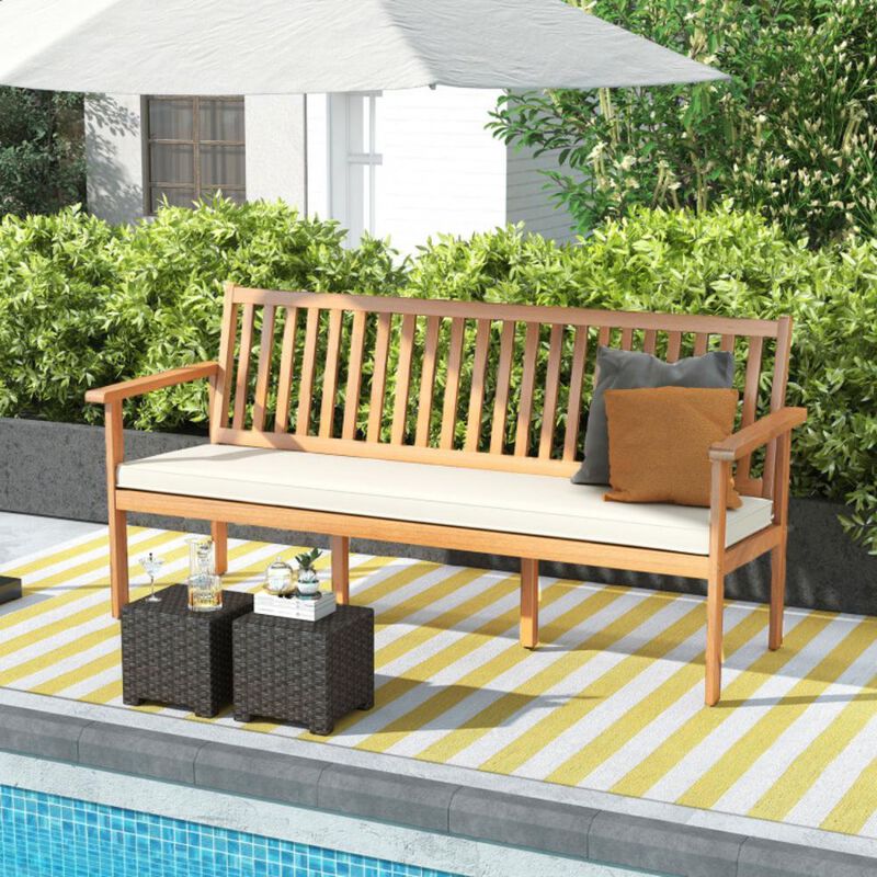 Hivvago Outdoor 3-Seat Wood Bench with Seat Cushion and Slatted Seat