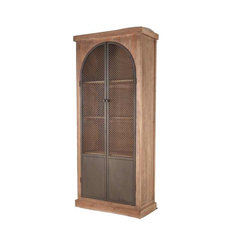 Ary Curio Cabinet, Arch Iron Mesh Door, 93 Inch Tall, Brown Pine Wood