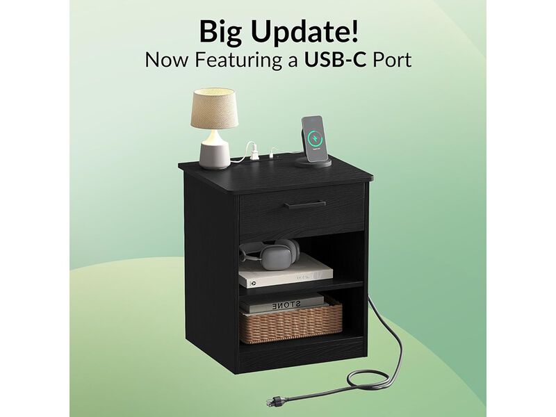 ODIKA Wooden Black Nightstand Bedside Table with Drawer