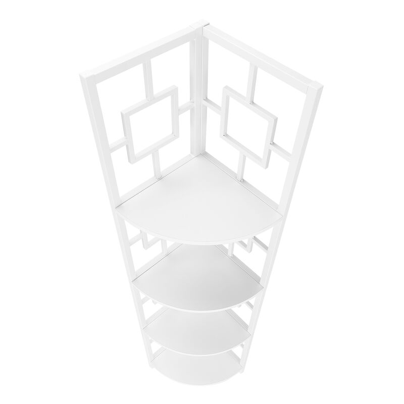 Monarch Specialties I 3613 Bookshelf, Bookcase, Etagere, Corner, 4 Tier, 62"H, Office, Bedroom, Metal, Laminate, White, Contemporary, Modern