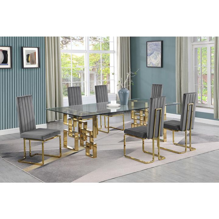 7-piece glam dining set with 6 Dark grey chairs and one 95" glass  table