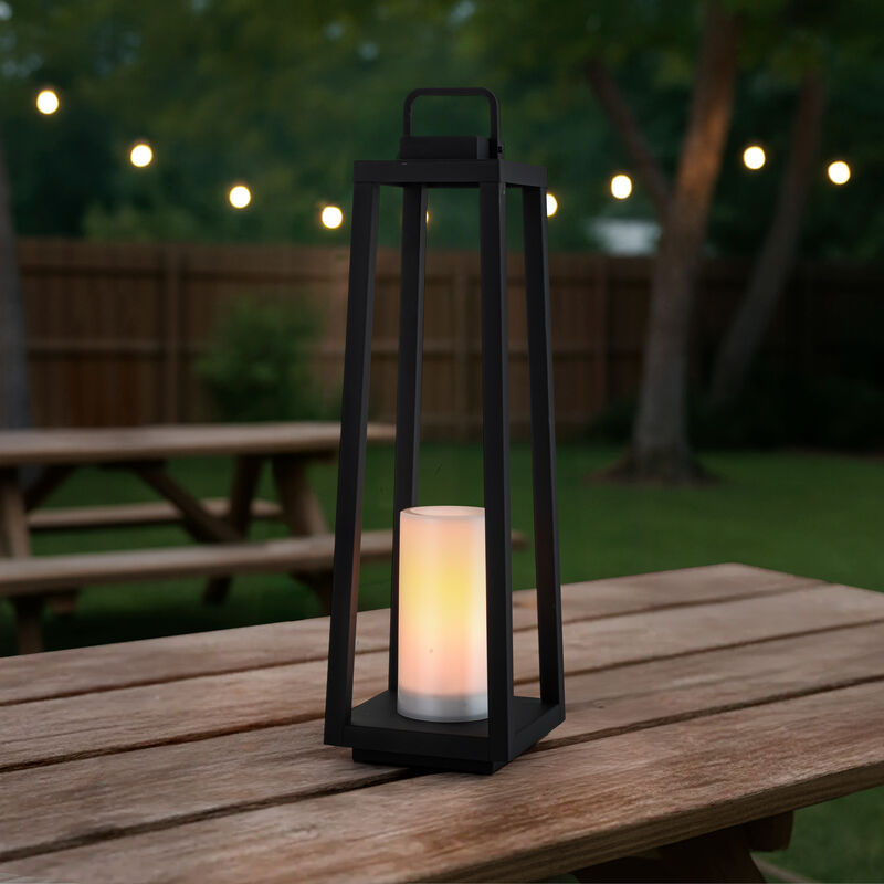 1 Light H24" Modern Matte Black Solar Lantern with Candle Shape Large Outdoor Light Decorative Portable Hanging LED Lights for Patio Camping image number 2