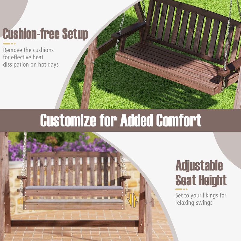 2-Person Porch Swing with Fir Wood Stand and Tilt Canopy