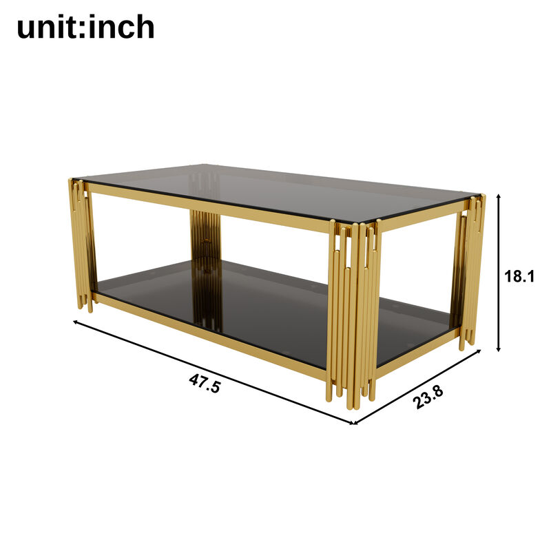 Merax Modern Black Mirror Coffee Table - Gold Asymmetrical Metal Frame with Lower Shelf