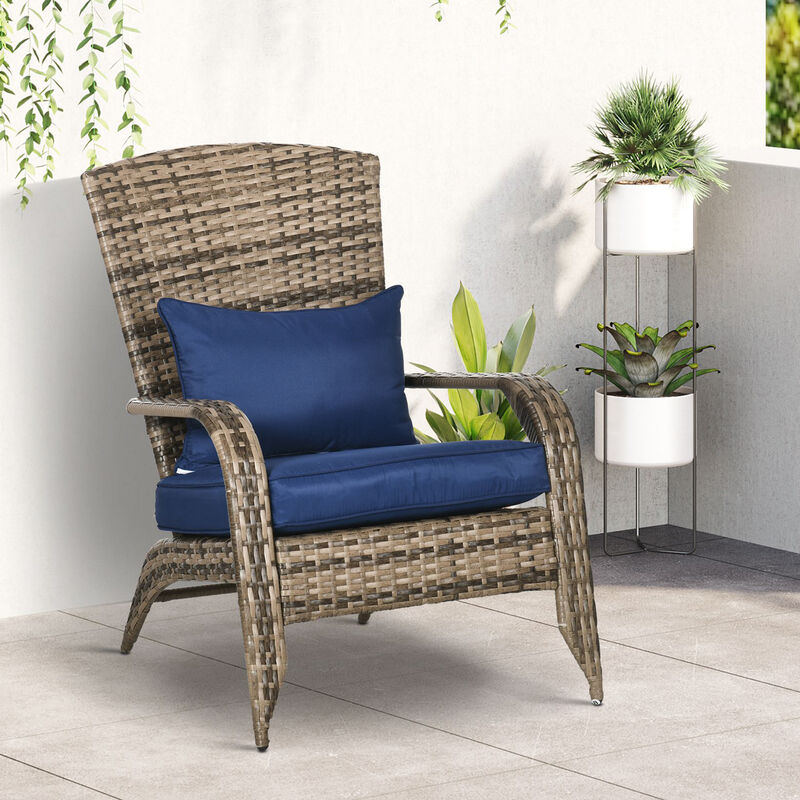 Outsunny Patio Wicker Adirondack Chair, Outdoor All-Weather Rattan Fire Pit Chair w/ Soft Cushions, Tall Curved Backrest and Comfortable Armrests for Deck or Garden, Dark Blue