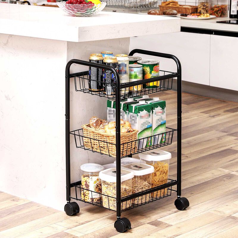 Rolling 3-Tier Metal Cart with Baskets and Lockable Wheels