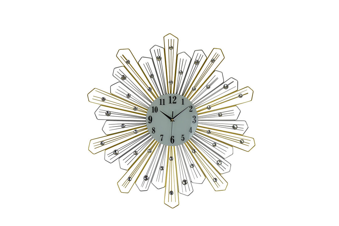 HomeRoots 27" Gold Silver And Metal And Faux Crystals Silent Analog Sunburst Wall Clock