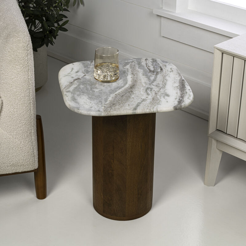 Milos 18" Rustic Minimalist Square Marble/Wood Accent Table image number 1