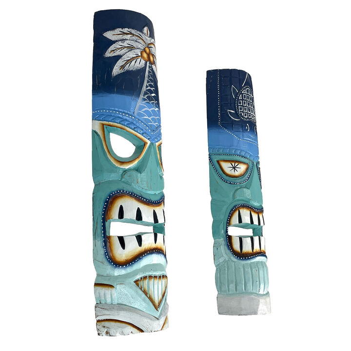 Set of 2 - 20" Blue & Green Tiki Masks Wood Wall Decor Indoor/Outdoor Accent