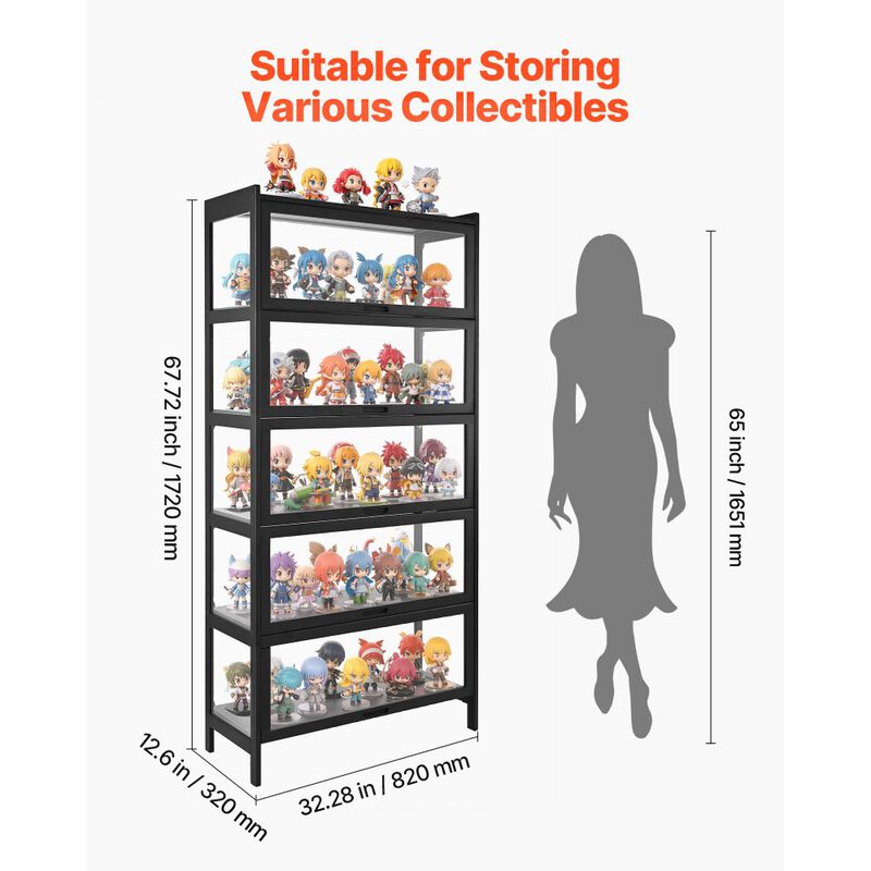 Wooden Display Cabinet with Acrylic Doors, 5-Tier Storage Shelf for Collectibles and Toys-Black image number 2