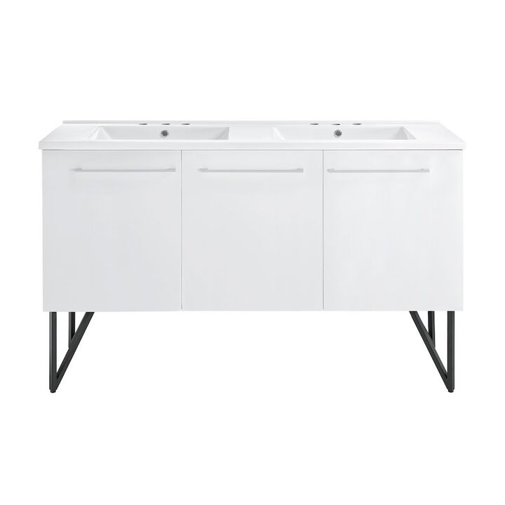 60 in. White, Double Basin Bathroom Vanity, Black, 3-Hole Sink Top