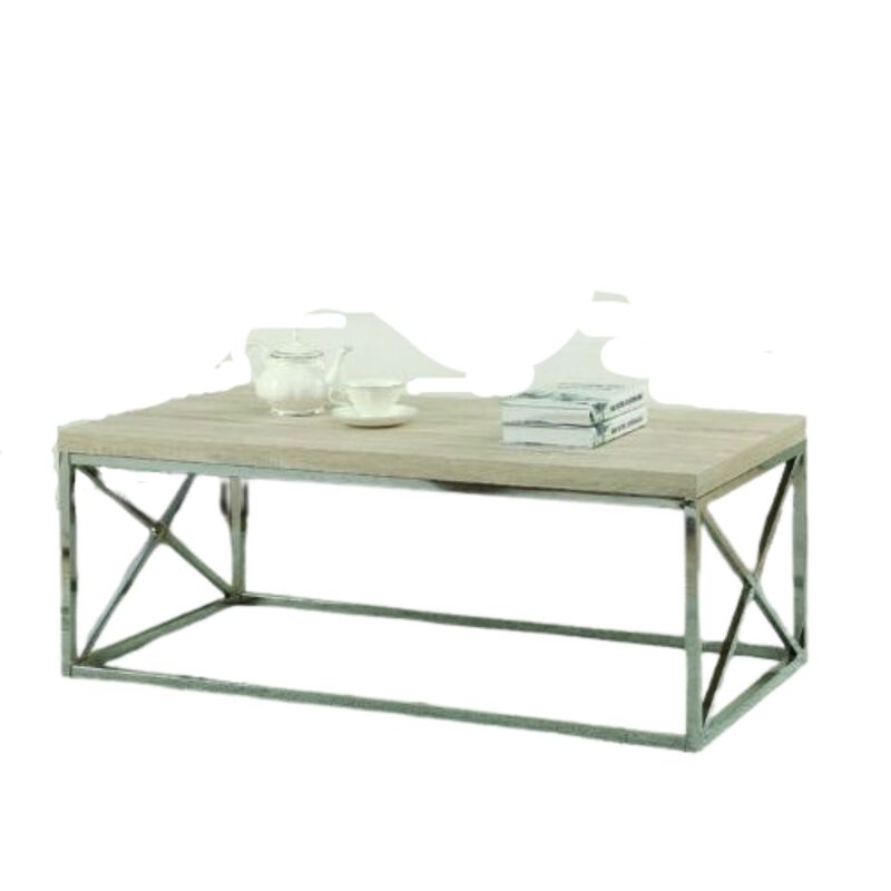 QuikFurn Contemporary Chrome Metal Coffee Table with Natural Finish Wood Top