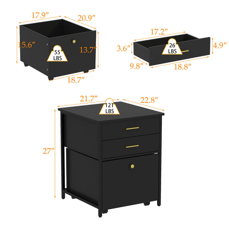 FUFU&GAGA Compact Nightstand, Black Laminate with Gold Handles, (21.7"W x 22.8"D x 27"H), with Pull-out Drawers and Rolling Casters