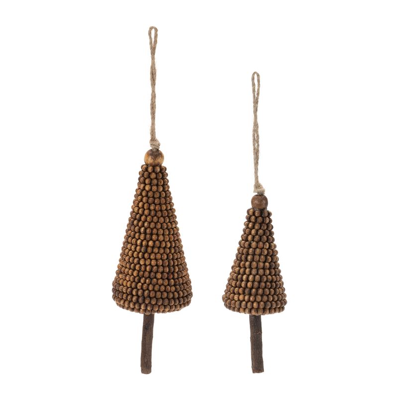 Wooden Pine Tree Ornaments with Beads, Set of 4 for Christmas Tree Styling