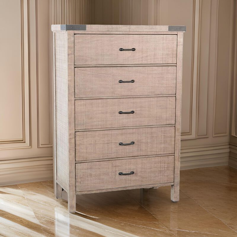 Desy Tall Dresser Chest with 5 Drawers, Light Brown Mahogany Wood - Benzara