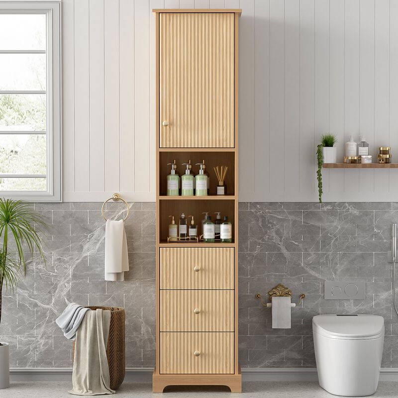 67.7 Inch Tall Freestanding Bathroom Cabinet with Door Adjustable Shelf 3 Drawers and Open Storage Wood Finish with Gold Handles