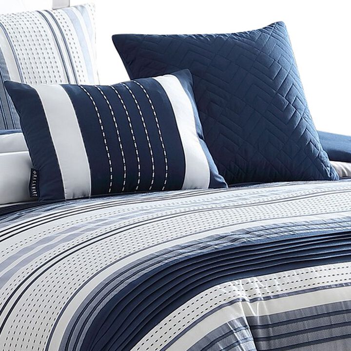 Alfa 5 Piece King Comforter Set, Jacquard Woven Stripes, Blue, White - Benzara