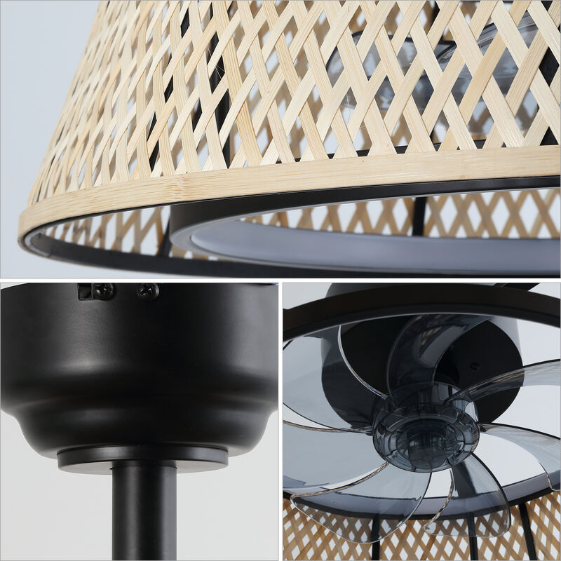 Cressida Traditional Bohemian 6-Speed Metal Bamboo Mobile-App Remote-Controlled Height-Adjustable Dimmable Caged Integrated LED Ceiling Fan