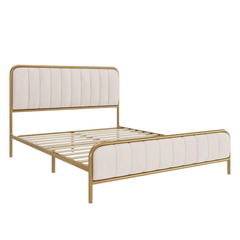 Hivvago Full size Gold Metal Platform Bed Frame with Off-White Upholstered Headboard