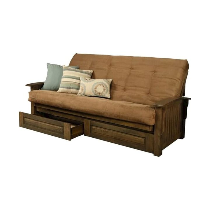 Washington Queen Frame-Rustic Walnut Finish-Suede Peat Mattress-Storage Drawers
