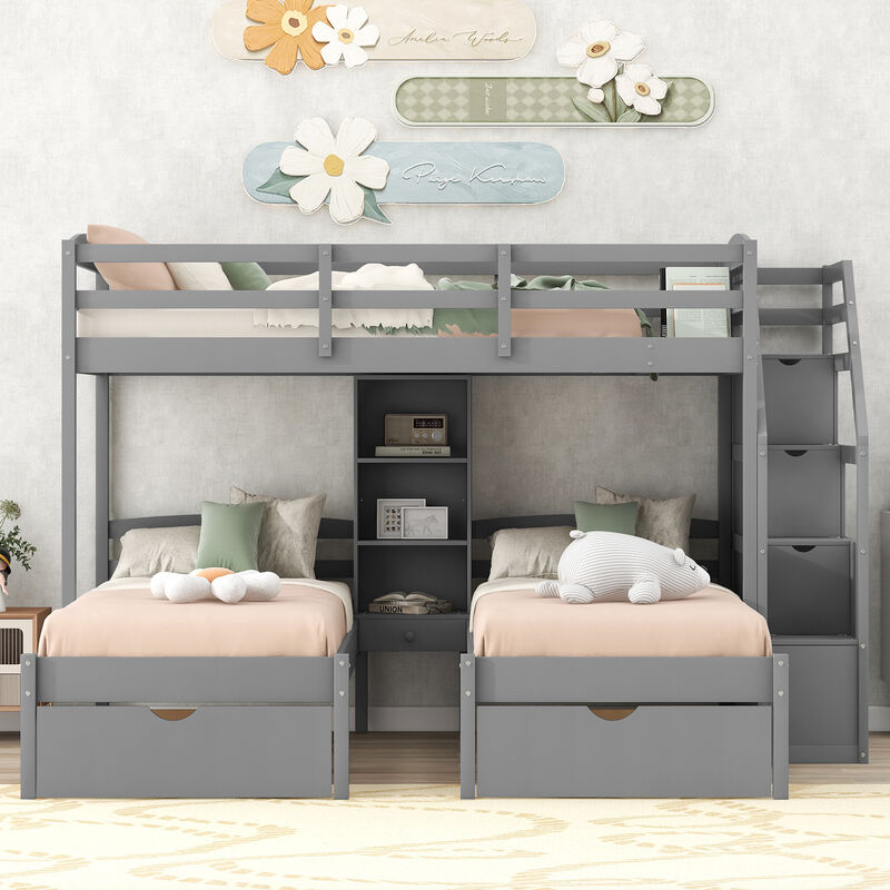 Whisen Twin over Twin Bunk Bed with Drawers, Slide & Shelves, Solid Pine for Kids Bedroom image number 2