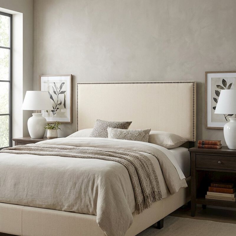 Upholstered Full Headboard, Nailhead Trim in Neutral Fabric for Stylish Bedroom image number 3