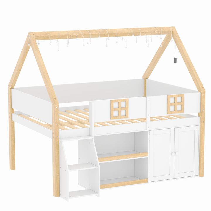 Merax Twin & Full Size Low Loft Bed with Staircase, Storage, Cabinet & LED Lights