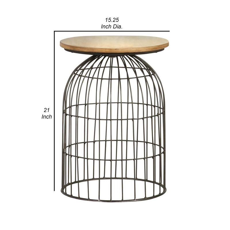21 Inch Round Accent Table with Bird Cage Style Base, Beige Marble, Black