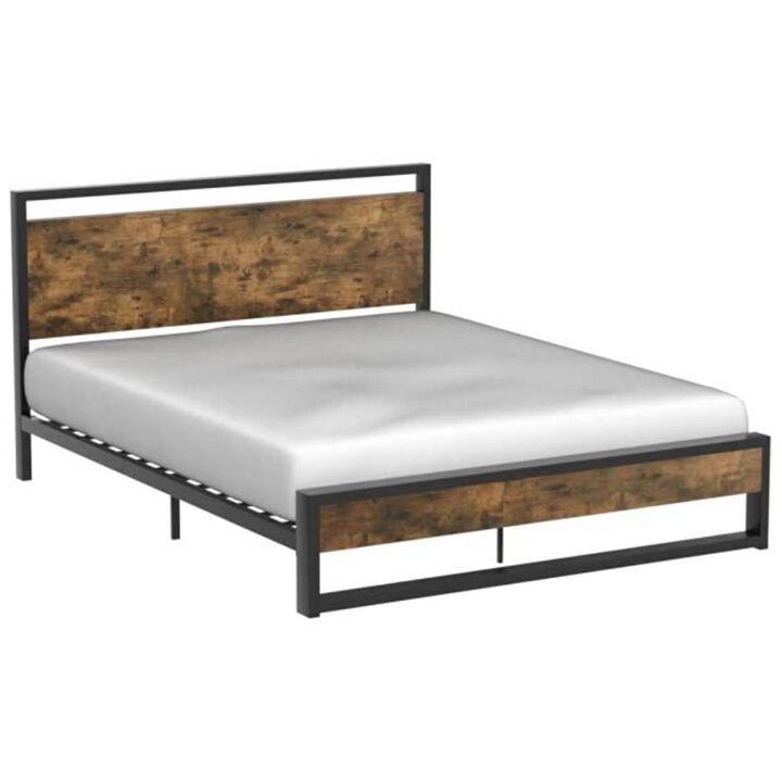 Wood Panel Headboard and Footboard Platform Bed – Farmhouse Metal Frame with Modern Style