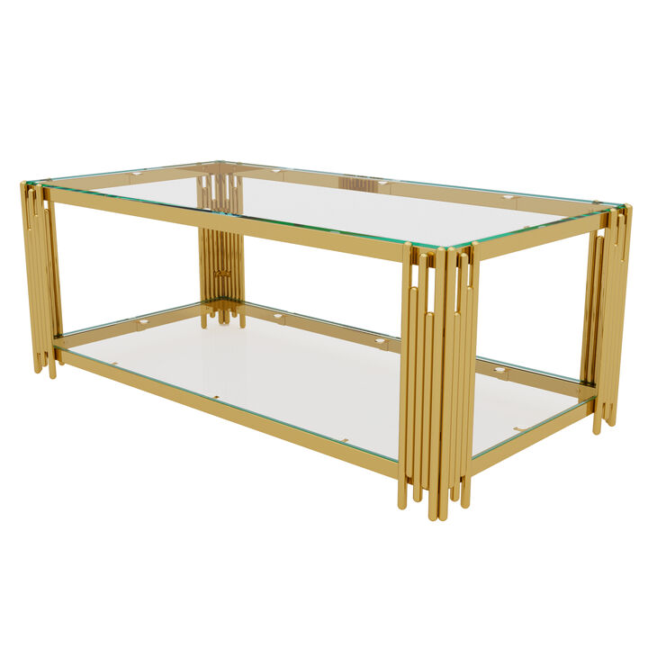 Merax Modern Black Mirror Coffee Table - Gold Asymmetrical Metal Frame with Lower Shelf