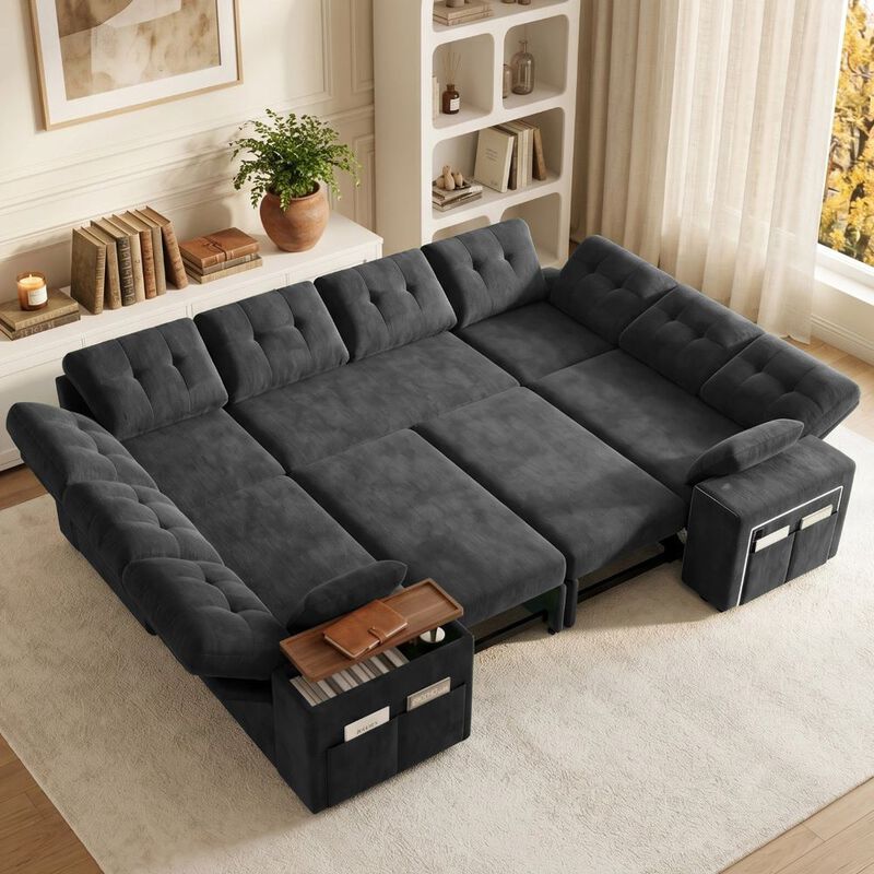 Vipbear 112" U-Shaped 8-Seat Modular Chenille Sectional Sleeper Sofa, Pull Out Bed Reclining Couch image number 7