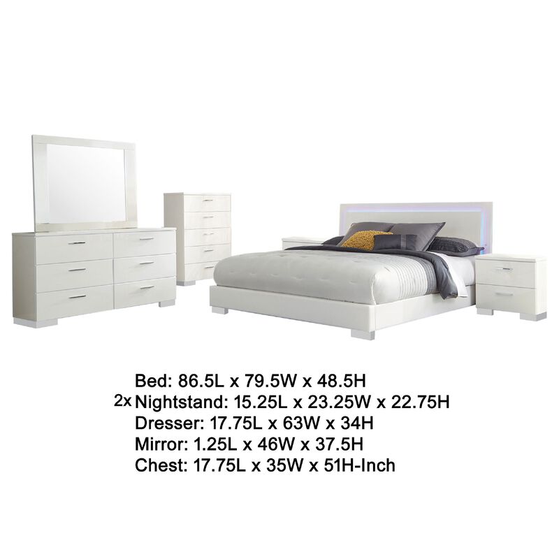 Sok 6pc King Bedroom Set, Faux Leather Upholstery, High Gloss White