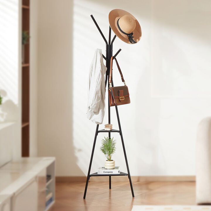 Freestanding Coat Rack with 2 Shelves and 6 Hooks, Entryway Coat Stand
